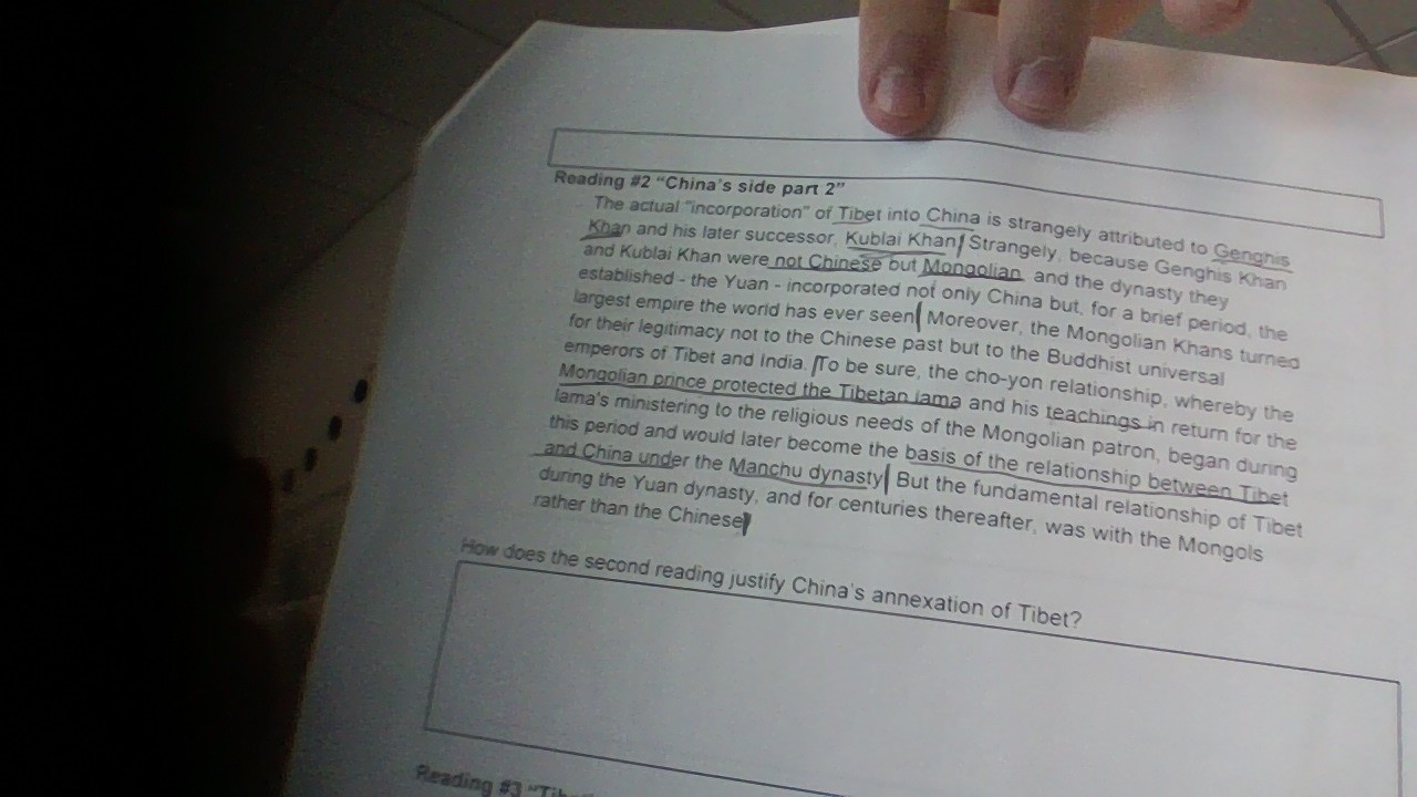 In Reading #2 “China’s side part 2,” how does the text justify China’s annexation of Tibet based on...