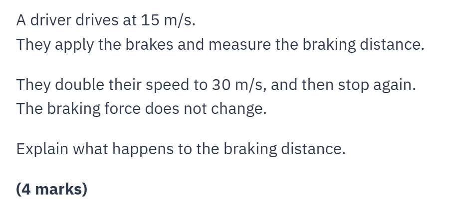 If a driver brakes from 15 m/s and then brakes again from 30 m/s with the same braking force, what h...