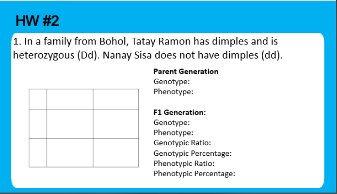 In a family from Bohol, Tatay Ramon has dimples and is heterozygous (Dd) and Nanay Sisa has no dimpl...