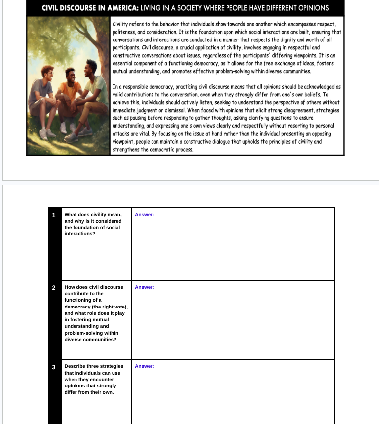 In the source text "Civil Discourse in America: Living in a Society Where People Have Different Opin...