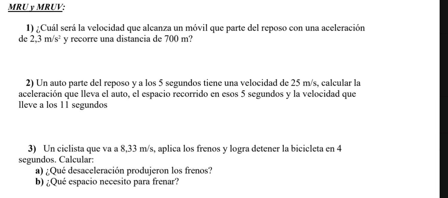 Un ciclista que va a 8,33 m/s frena y se detiene en 4 s: ¿qué desaceleración producen los frenos y q...