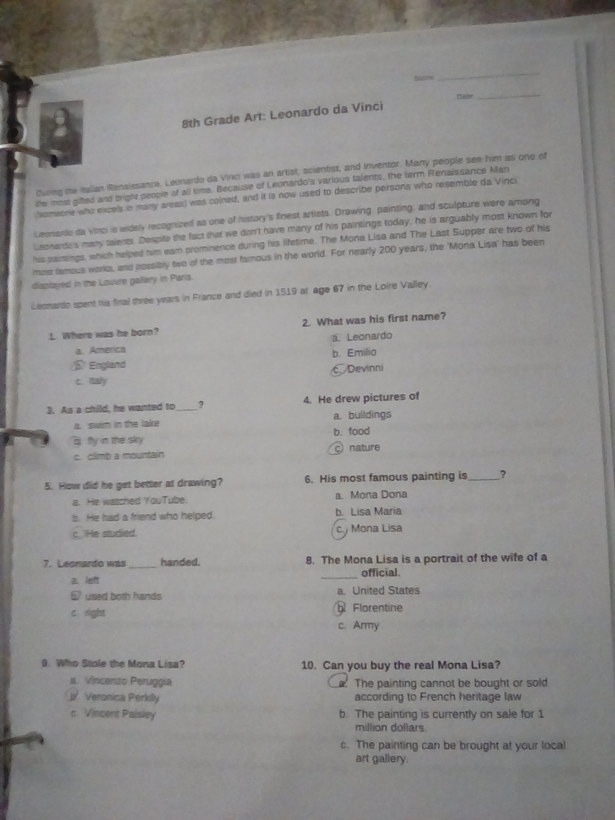 Based on the source text about Leonardo da Vinci during the Italian Renaissance, which is his most f...