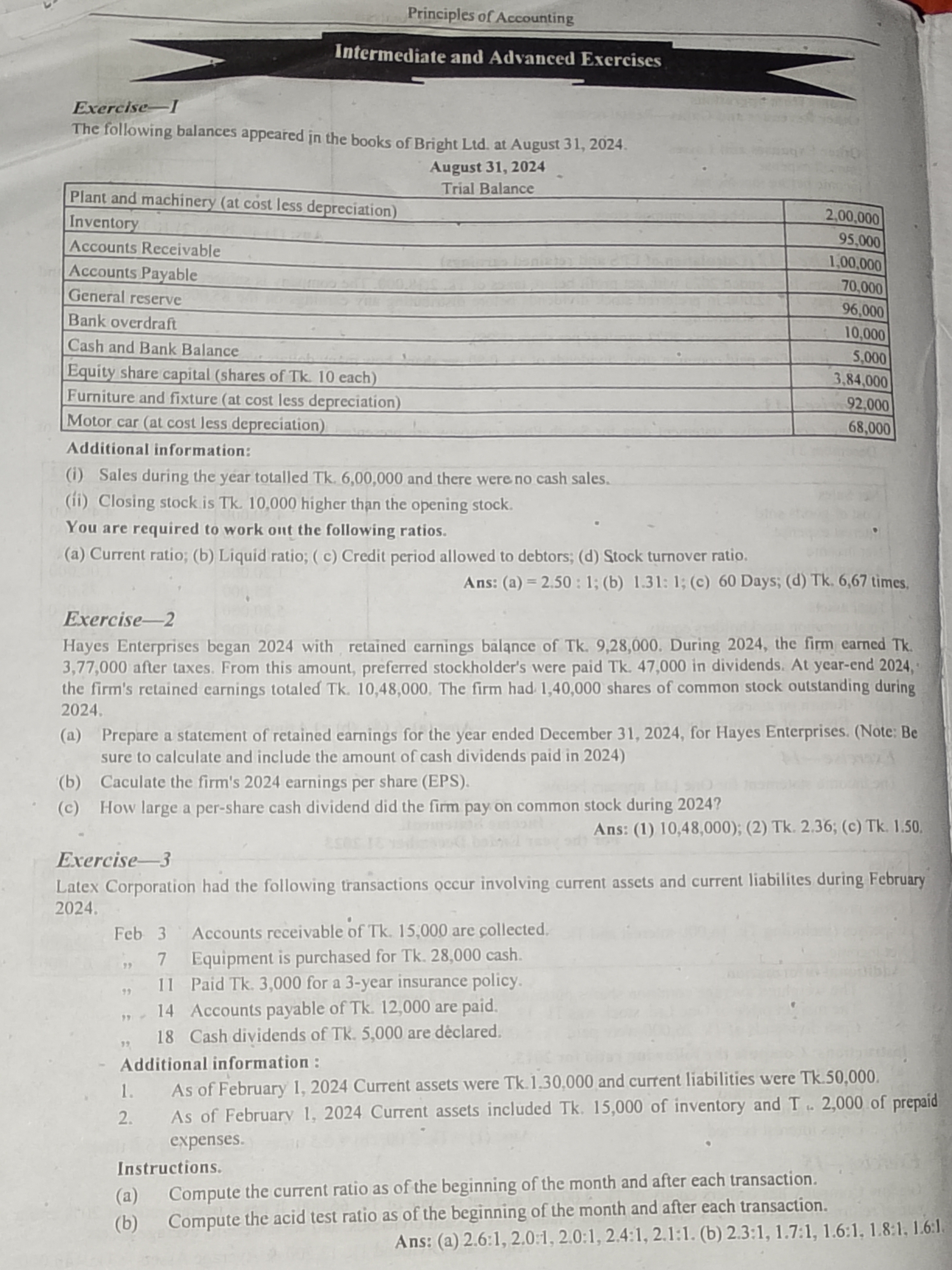 Hayes Enterprises began 2024 with retained earnings of Tk. 9,28,000, earned Tk. 3,77,000 after taxes...