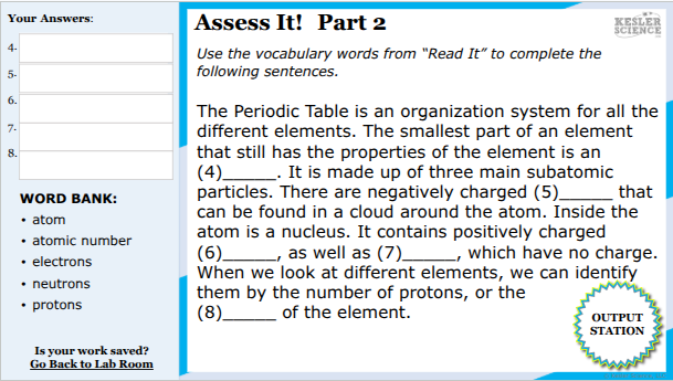 Fill in the blanks using the word bank (atom, atomic number, electrons, neutrons, protons) about ato...